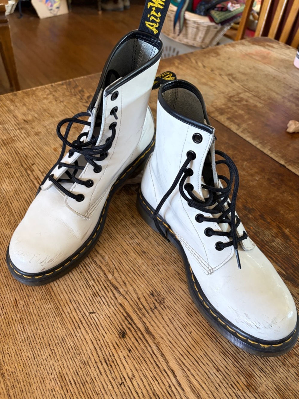 Dr. Martens White Leather Lace-Up Boots with Black Trim